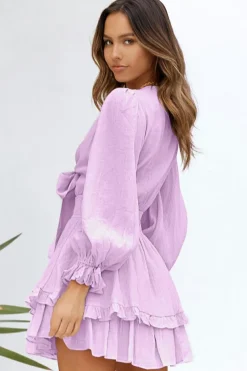 Best Dear-Lover Deep V Neck Lantern Sleeve Knotted Tiered Mini Dress Pink