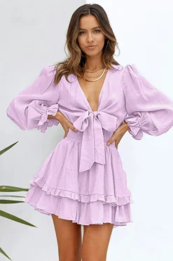 Best Dear-Lover Deep V Neck Lantern Sleeve Knotted Tiered Mini Dress Pink