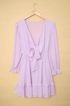 Best Dear-Lover Deep V Neck Lantern Sleeve Knotted Tiered Mini Dress Pink
