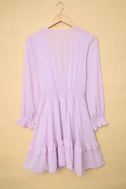 Best Dear-Lover Deep V Neck Lantern Sleeve Knotted Tiered Mini Dress Pink
