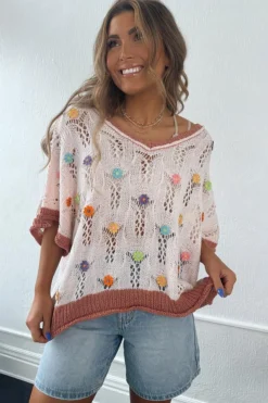 Online Dear-Lover Embroidered Flowers Colorblock Edge Hollowed Sweater Delicacy