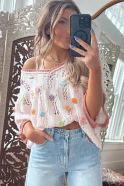 Online Dear-Lover Embroidered Flowers Colorblock Edge Hollowed Sweater Delicacy