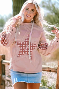 Discount Dear-Lover Floral Patchwork Star Pattern Drawstring Hoodie Delicacy