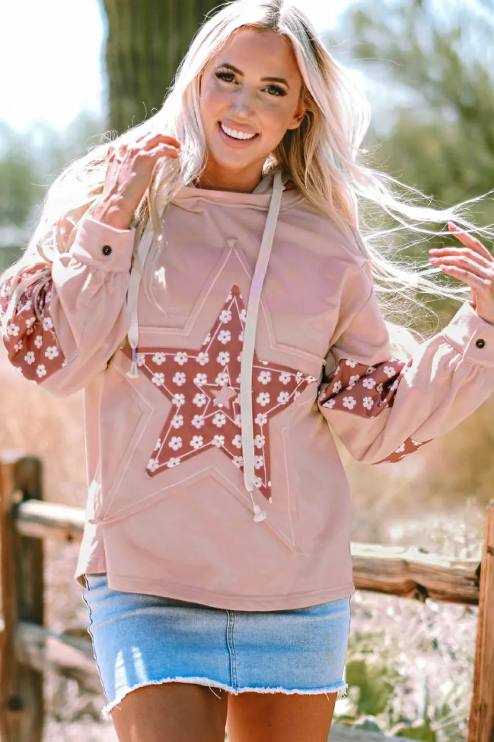 Discount Dear-Lover Floral Patchwork Star Pattern Drawstring Hoodie Delicacy