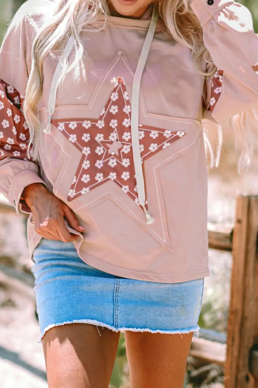 Discount Dear-Lover Floral Patchwork Star Pattern Drawstring Hoodie Delicacy