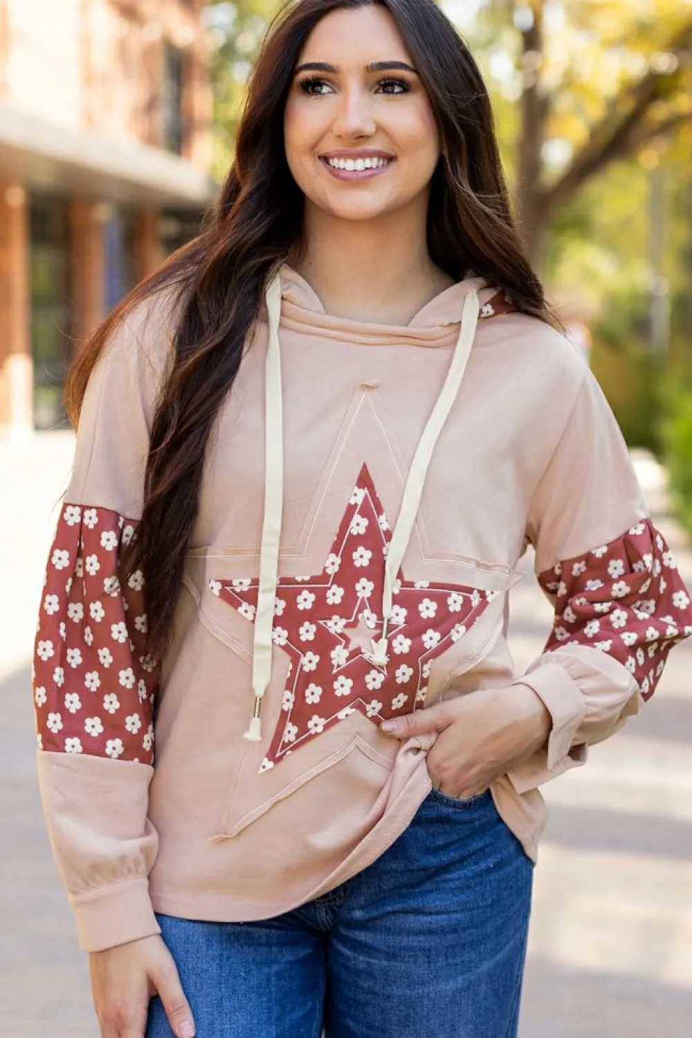 Discount Dear-Lover Floral Patchwork Star Pattern Drawstring Hoodie Delicacy