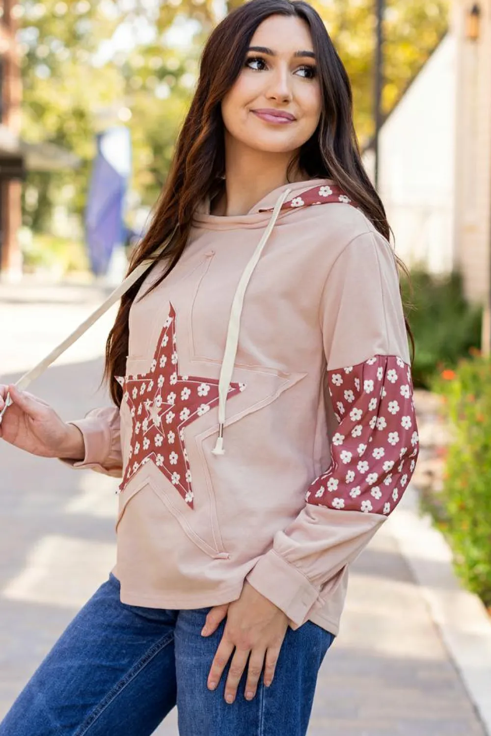 Discount Dear-Lover Floral Patchwork Star Pattern Drawstring Hoodie Delicacy