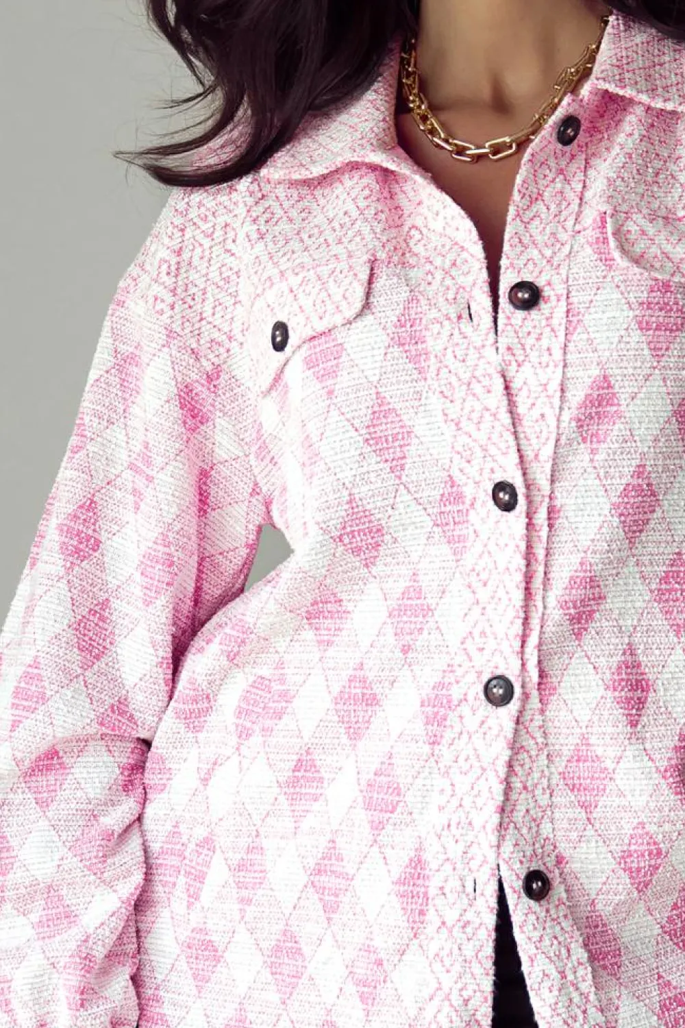 Best Dear-Lover Geometric Print Textured Flap Detail Shacket with Pocket Delicacy