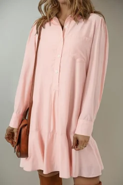 Best Dear-Lover Solid Color Flounce Hem Buttoned Turn Down Collar Dress Delicacy