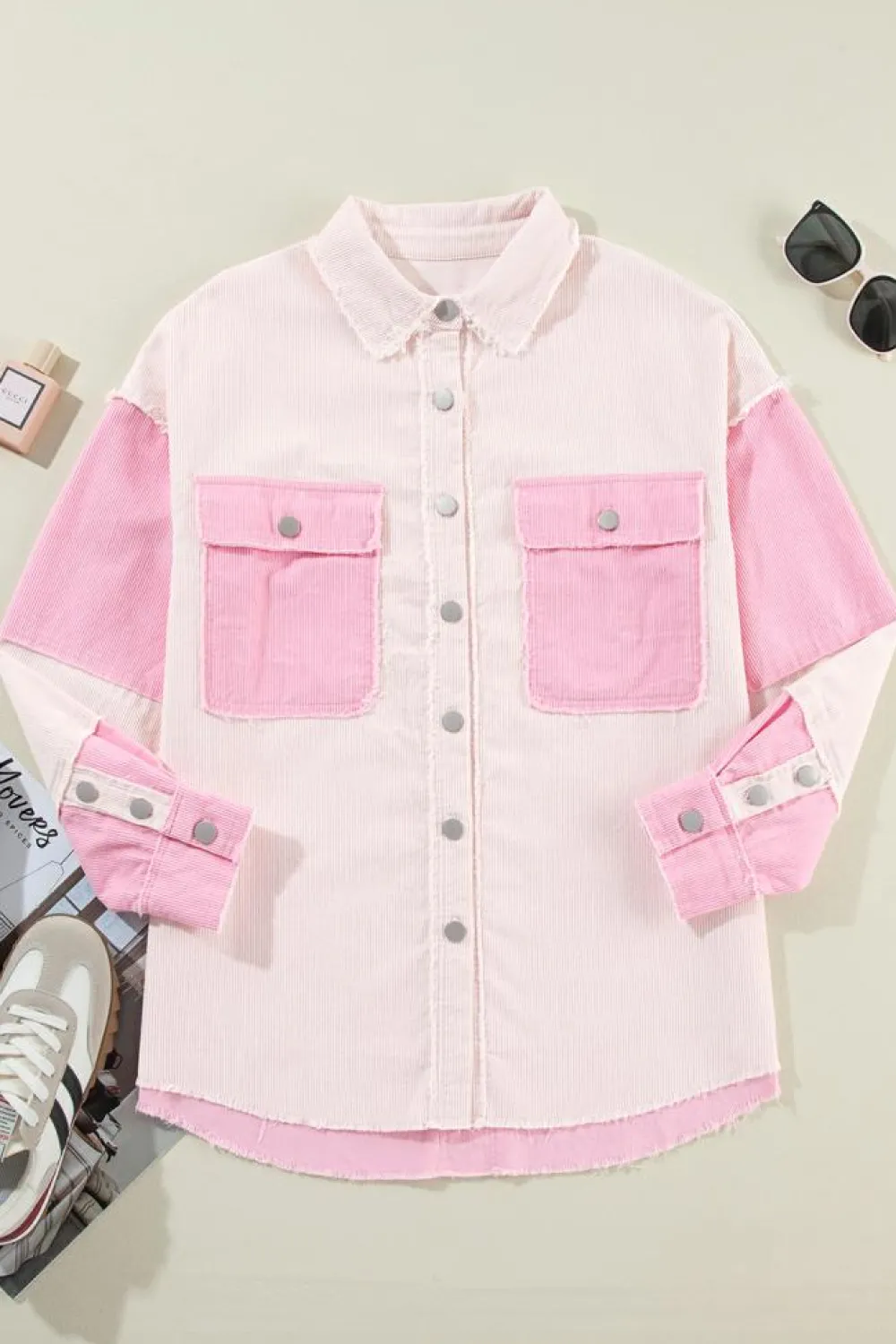 Best Dear-Lover Two-tone Color Exposed Seam Corduroy Shacket Delicacy