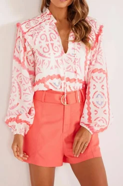 Hot Dear-Lover Vintage Print Smocked Poet Collar Billowy Blouson Sleeves Blouse Desert Flower