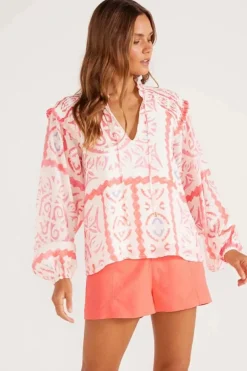 Hot Dear-Lover Vintage Print Smocked Poet Collar Billowy Blouson Sleeves Blouse Desert Flower