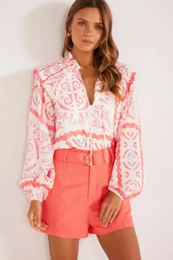 Hot Dear-Lover Vintage Print Smocked Poet Collar Billowy Blouson Sleeves Blouse Desert Flower