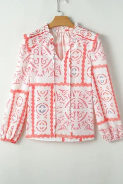 Hot Dear-Lover Vintage Print Smocked Poet Collar Billowy Blouson Sleeves Blouse Desert Flower