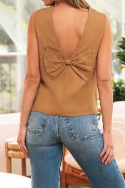Hot Dear-Lover Bowknot V Cut Backless Cotton Tank Top Desert Gold