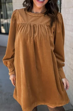 Fashion Dear-Lover Corduroy Pleated Puff Sleeve Shift Short Dress Desert Gold