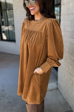 Fashion Dear-Lover Corduroy Pleated Puff Sleeve Shift Short Dress Desert Gold