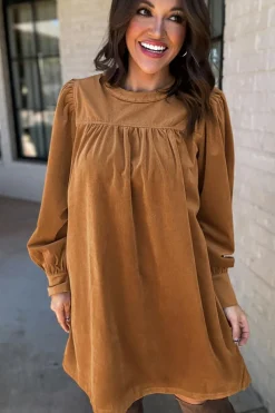 Fashion Dear-Lover Corduroy Pleated Puff Sleeve Shift Short Dress Desert Gold