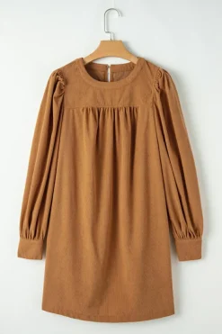 Fashion Dear-Lover Corduroy Pleated Puff Sleeve Shift Short Dress Desert Gold