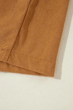 Fashion Dear-Lover Corduroy Pleated Puff Sleeve Shift Short Dress Desert Gold