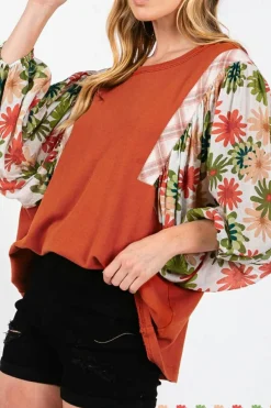 New Dear-Lover Floral Puff Sleeve Patchwork Round Neck Blouse Desert Gold
