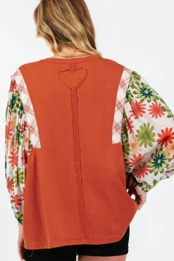 New Dear-Lover Floral Puff Sleeve Patchwork Round Neck Blouse Desert Gold
