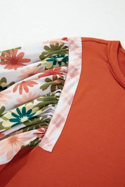 New Dear-Lover Floral Puff Sleeve Patchwork Round Neck Blouse Desert Gold