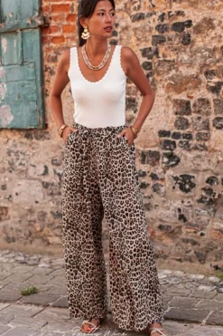 Outlet Dear-Lover Boho Leopard Wide Leg Pants Desert Palm