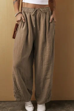 Hot Dear-Lover Cotton Linen Drawstring Waist Wide Leg Pants Desert Palm