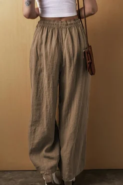 Hot Dear-Lover Cotton Linen Drawstring Waist Wide Leg Pants Desert Palm