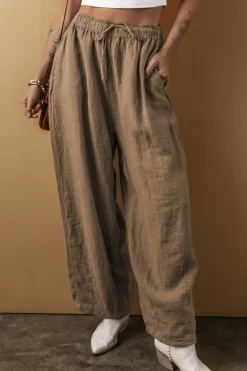 Hot Dear-Lover Cotton Linen Drawstring Waist Wide Leg Pants Desert Palm