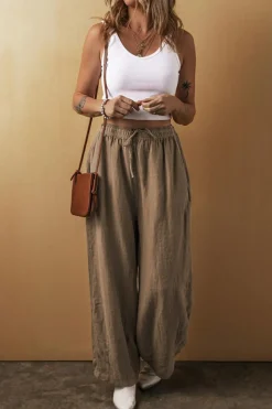 Hot Dear-Lover Cotton Linen Drawstring Waist Wide Leg Pants Desert Palm
