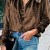 Best Dear-Lover Frilled Neck Buttoned Front Velvet Top Desert Palm