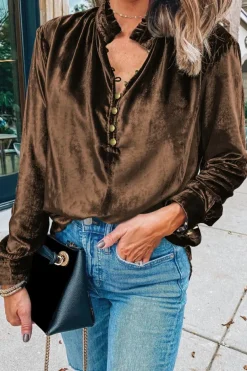 Best Dear-Lover Frilled Neck Buttoned Front Velvet Top Desert Palm