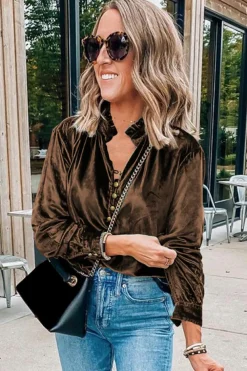 Best Dear-Lover Frilled Neck Buttoned Front Velvet Top Desert Palm