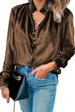 Best Dear-Lover Frilled Neck Buttoned Front Velvet Top Desert Palm