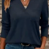 Clearance Dear-Lover Notch V Neck Pocket Patched Long Sleeve T Shirt Dirty blue