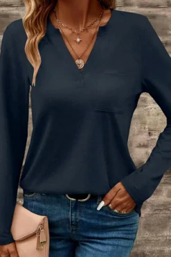 Clearance Dear-Lover Notch V Neck Pocket Patched Long Sleeve T Shirt Dirty blue