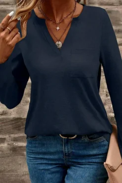 Clearance Dear-Lover Notch V Neck Pocket Patched Long Sleeve T Shirt Dirty blue