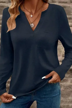 Clearance Dear-Lover Notch V Neck Pocket Patched Long Sleeve T Shirt Dirty blue