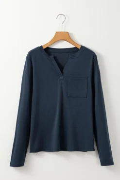 Clearance Dear-Lover Notch V Neck Pocket Patched Long Sleeve T Shirt Dirty blue