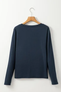 Clearance Dear-Lover Notch V Neck Pocket Patched Long Sleeve T Shirt Dirty blue