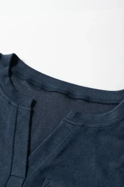 Clearance Dear-Lover Notch V Neck Pocket Patched Long Sleeve T Shirt Dirty blue