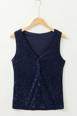 Discount Dear-Lover Sequined Deep V Neck Buttoned Tank Top Dirty blue