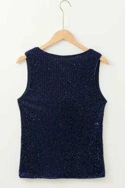 Discount Dear-Lover Sequined Deep V Neck Buttoned Tank Top Dirty blue
