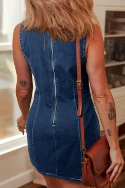Clearance Dear-Lover Sleeveless Zipped Bodycon Denim Short Dress Dirty blue
