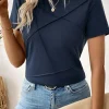 Hot Dear-Lover Solid Color Toothpick Stripe Round Neck T Shirt Dirty blue