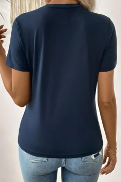 Hot Dear-Lover Solid Color Toothpick Stripe Round Neck T Shirt Dirty blue