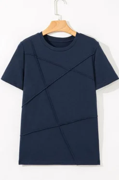 Hot Dear-Lover Solid Color Toothpick Stripe Round Neck T Shirt Dirty blue