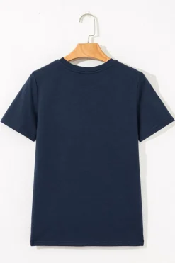 Hot Dear-Lover Solid Color Toothpick Stripe Round Neck T Shirt Dirty blue